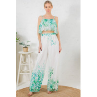 Printed Crop Top & Wide Leg Long Pants Set