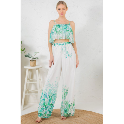 Printed Crop Top & Wide Leg Long Pants Set