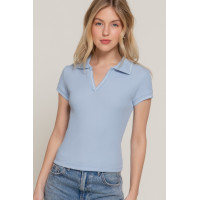 Short Slv Line Detail Polo Rib Knit Top