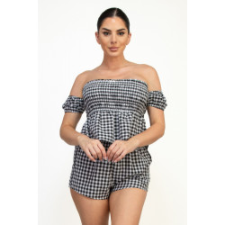 Off-shoulder Smock Gingham Top & Mini Short Sets