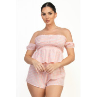 Off-shoulder Smock Gingham Top & Mini Short Sets
