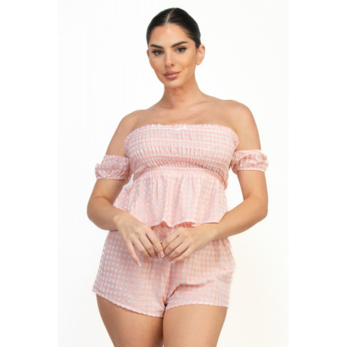 Off-shoulder Smock Gingham Top & Mini Short Sets