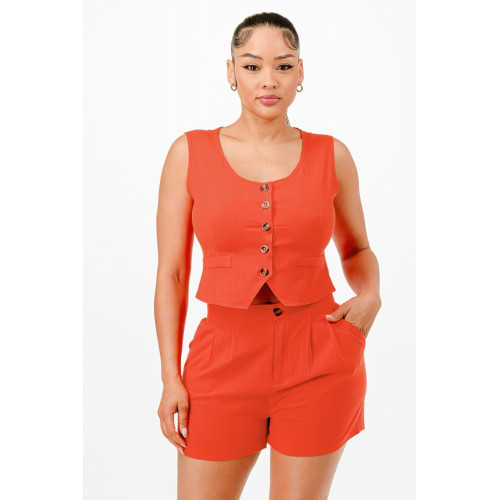 Casual Cropped Vest And Short Set