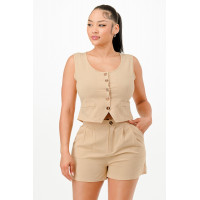 Casual Cropped Vest And Short Set