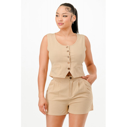 Casual Cropped Vest And Short Set