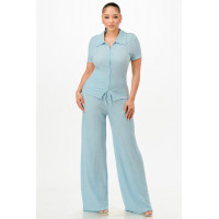 Textured Polo Top And Pants Set