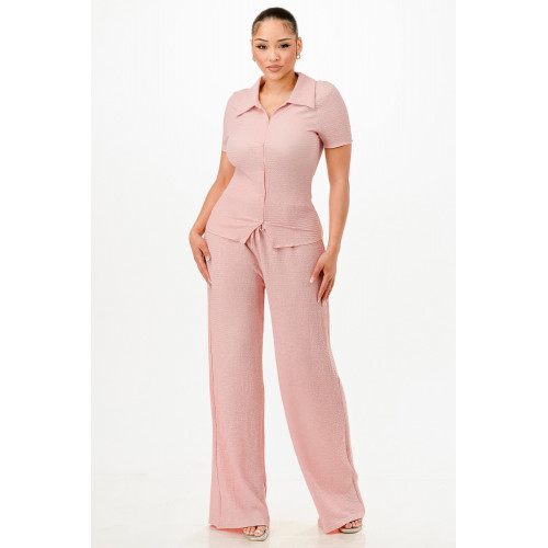 Textured Polo Top And Pants Set