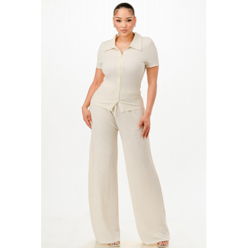 Textured Polo Top And Pants Set