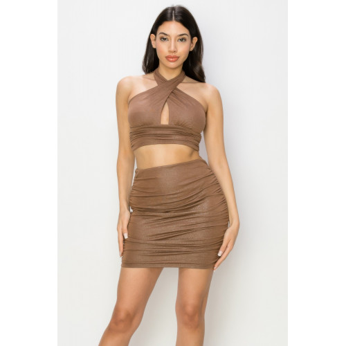 Glittered Tie Top & Ruching Skirts Set