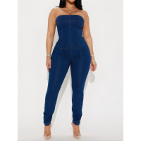 Strapless Denim Jumpsuit With Lace Up Back