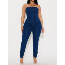 Strapless Denim Jumpsuit With Lace Up Back