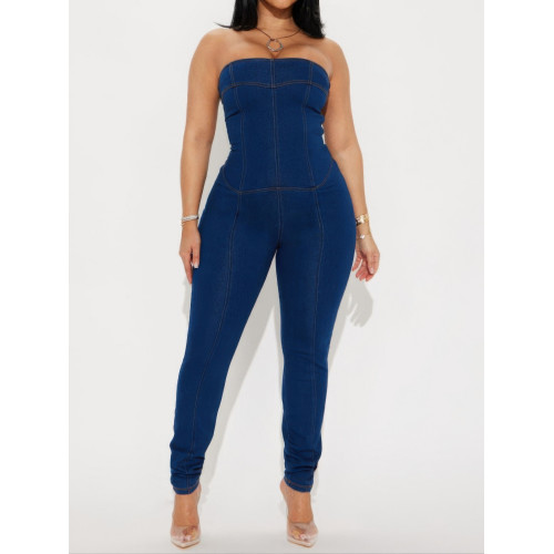 Strapless Denim Jumpsuit With Lace Up Back