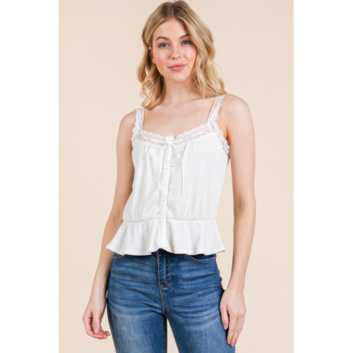Lace Peplum Tie Front Ribbed Cami Top