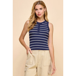 Button Detail Contrast Binding Stripe Tank Top