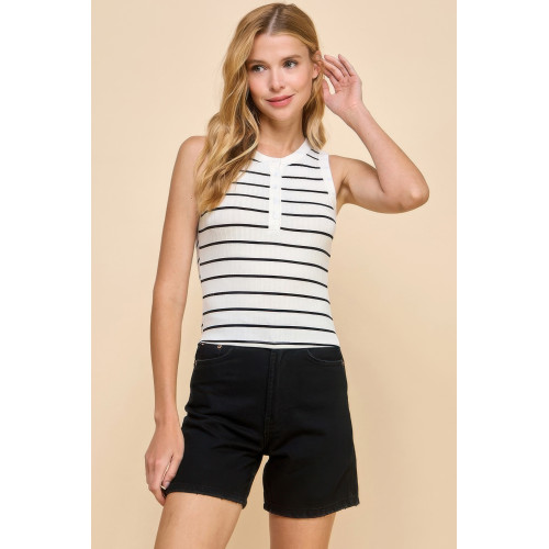 Button Detail Contrast Binding Stripe Tank Top