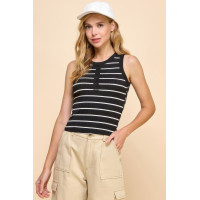 Button Detail Contrast Binding Stripe Tank Top