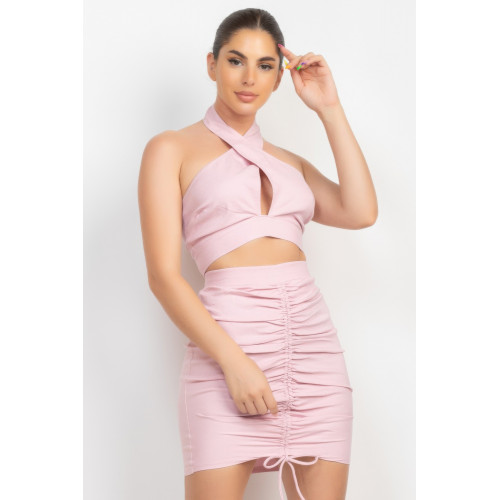 Cross Halter Top & Ruched Skirts Set