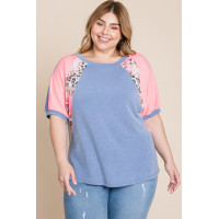 Plus Size Neon Animal Print Contrast Casual Top