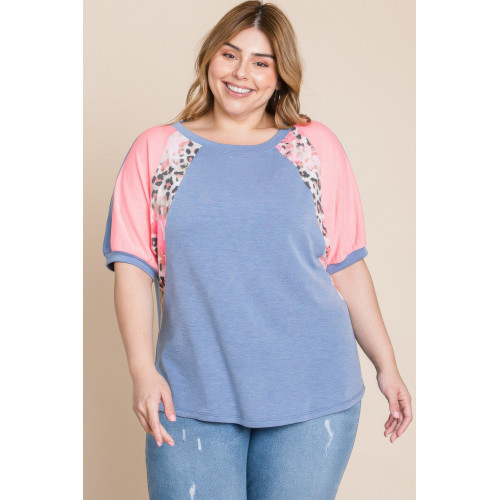 Plus Size Neon Animal Print Contrast Casual Top