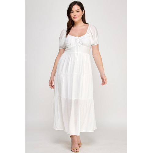 Front Tie Puff Sleeve Tired Maxi Dress