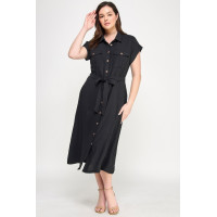 Front Tied Buttoned Short Sleeve Dress