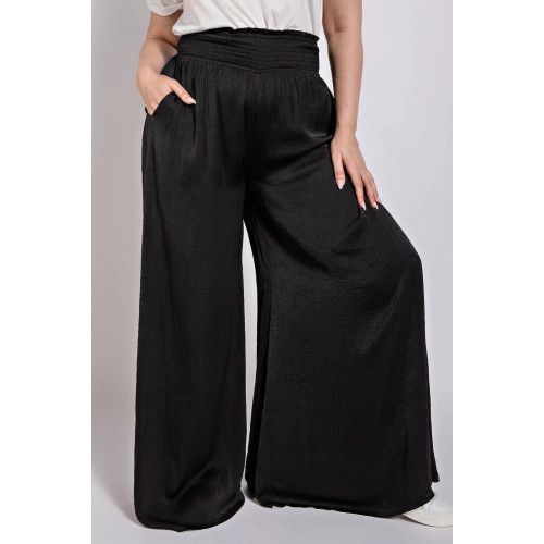 Washed Satin Wide Pants With Waist Smocked