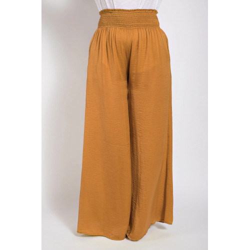 Washed Satin Wide Pants With Waist Smocked
