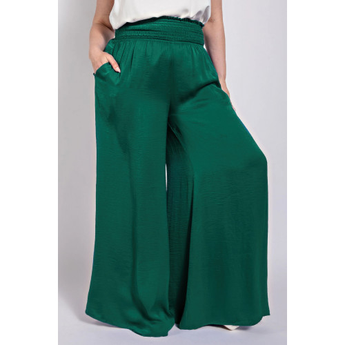Washed Satin Wide Pants With Waist Smocked