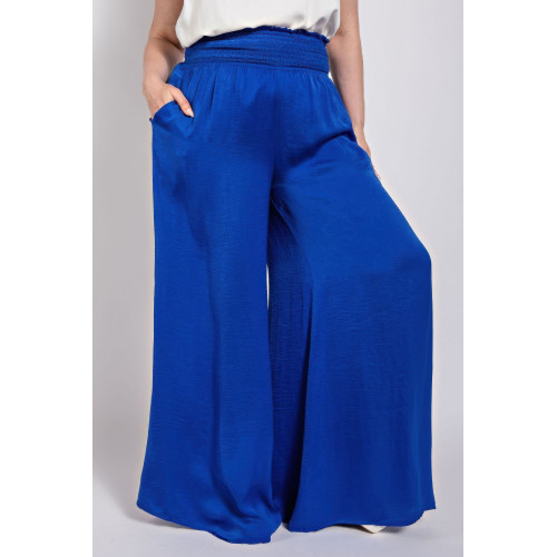 Washed Satin Wide Pants With Waist Smocked