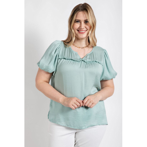 Satin Top With Ruffle Yoke And Puff Sleeves