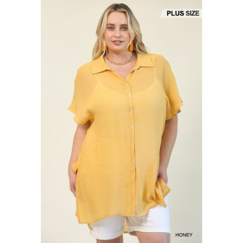 Solid Button Down Loose Fit Long Shirts With Side Slits