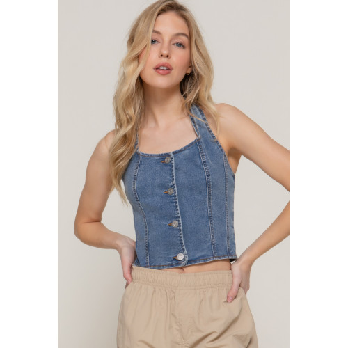Button Down Stretch Denim Halter Top