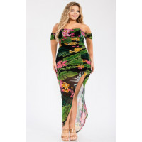 Plus Tropical Off Shoulder Draped Slv Maxi Dress
