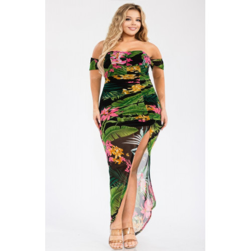 Plus Tropical Off Shoulder Draped Slv Maxi Dress
