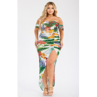 Plus Tropical Off Shoulder Draped Slv Maxi Dress