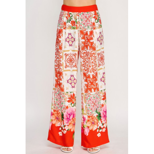 Printed Wide Leg Pants With Elastic Back