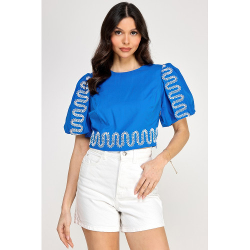 Puff Bubble Sleeve Top With Embroidery Detail