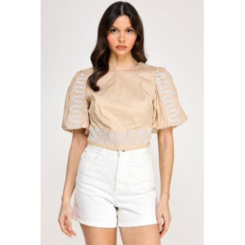 Puff Bubble Sleeve Top With Embroidery Detail