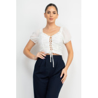 Back Shirred Ruffled Lace-up Crop Top