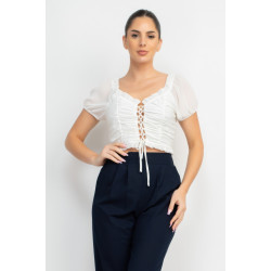 Back Shirred Ruffled Lace-up Crop Top