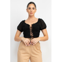 Back Shirred Ruffled Lace-up Crop Top