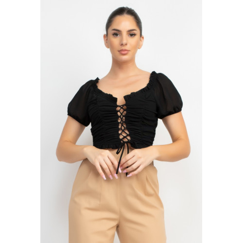 Back Shirred Ruffled Lace-up Crop Top