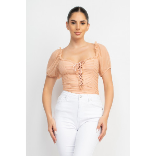 Shirred Mesh Sleeve Bodysuit