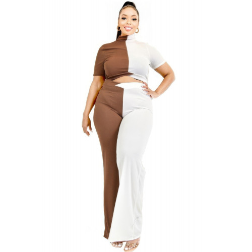 Plus Color Block Mock Neck 2 Piece Pants Set