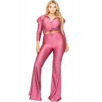 Plus Satin 3/4 Sleeve Wide Leg 2 Piece Set