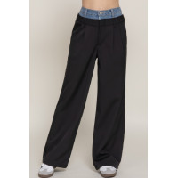Contrast Denim Waist Straight Long Pants