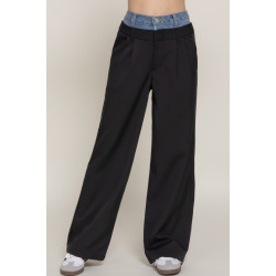 Contrast Denim Waist Straight Long Pants