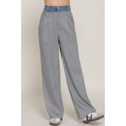 Contrast Denim Waist Straight Long Pants