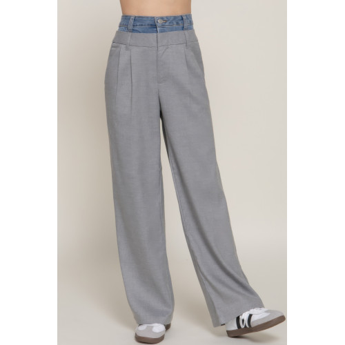 Contrast Denim Waist Straight Long Pants