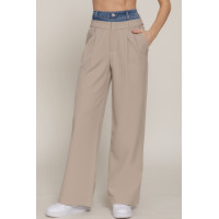 Contrast Denim Waist Straight Long Pants